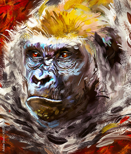 Beautiful portrait of a gorilla. Painted face of a gorilla on a vivid background. Oil paint style. photo