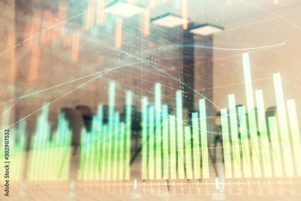 Multi exposure of stock market graph on conference room background. Concept of financial analysis Multi exposure of stock market graph on conference room background. Concept of financial analysis