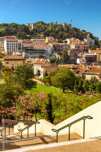 Lisbon city view, red roof and St. George castle