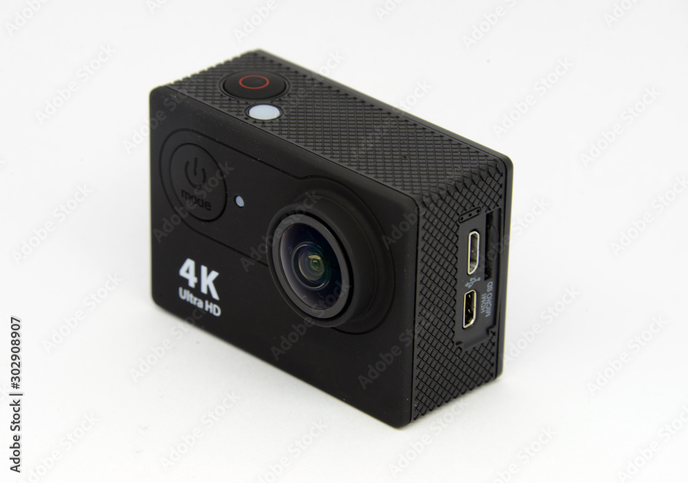 waterproof action camera on white background
