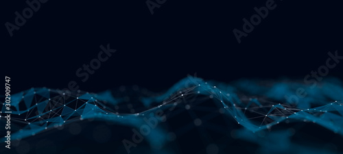 Abstract digital background. Space filled with polygons and dots. 3D wave. photo