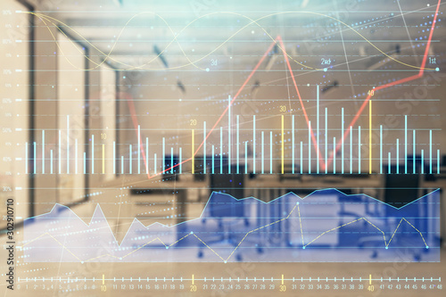 Stock and bond market graph with trading desk bank office interior on background. Multi exposure. Concept of financial analysis © Andrey