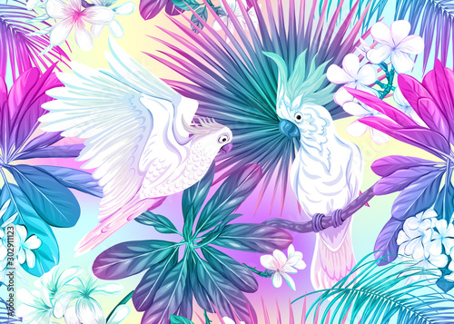 Seamless pattern, background with tropical plants, flowers and birds. Colored vector illustration in neon, fluorescent colors. In light ultra violet pastel colors on mesh pink, blue background
