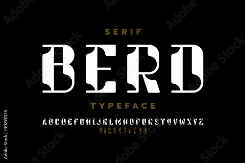 Serif typeface modern font design, alphabet letters and numbers vector illustration