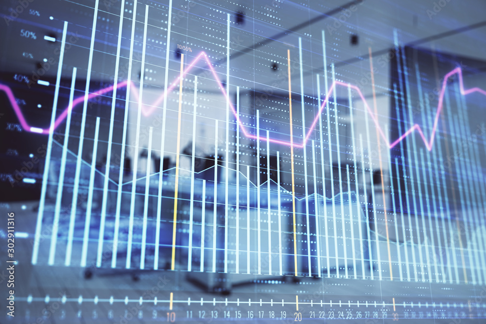 Stock market chart with trading desk bank office interior on background. Double exposure. Concept of financial analysis Stock market chart with trading desk bank office interior on background. Double exposure. Concept of financial analysis