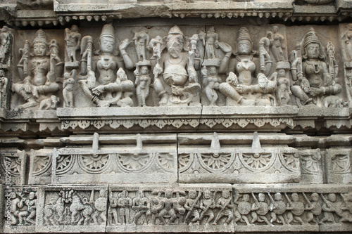 Carved sculptures on wall. Aundha Nagnath Temple, Hingoli, Maharashtra, India. Eighth of the twelve jyotirlingas in India
