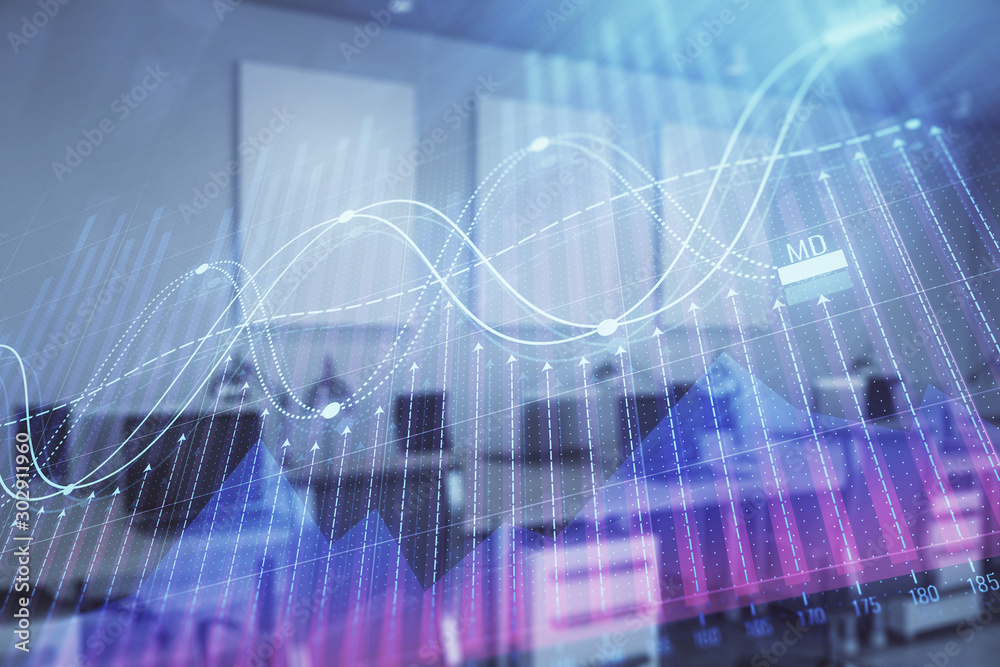 Stock market chart with trading desk bank office interior on background. Double exposure. Concept of financial analysis