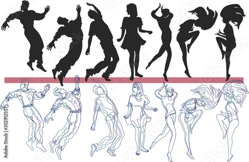 People dancing at club, set of characters, flat vector illustration, black and stroke
