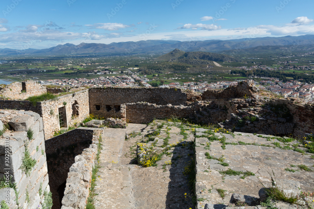 Old venetian fortress on hilltop in beautiful greek town Nafplio, Peloponnese, Greece