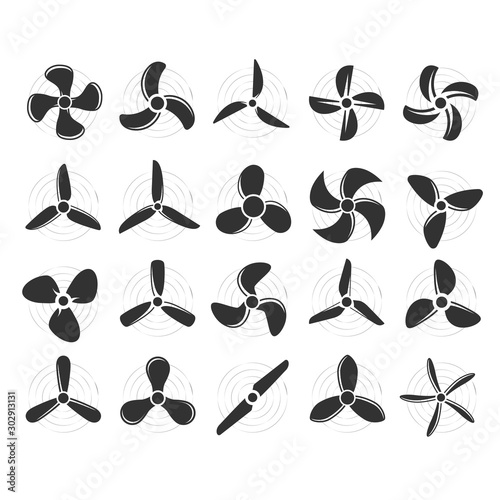 Plane propellers set - fan, rotor mover, aircraft propeller icons, wind fan rotating prop, airplane airscrew