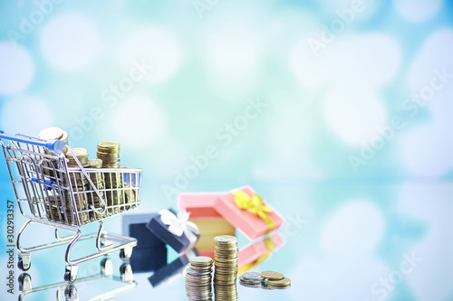 Background shopping trolley. Concept of shopping for groceries and things. Weekend shop.
