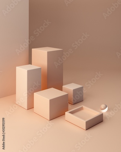 Minimal scene with podium and abstract background. Geometric shapes. Pastel colors scene. Minimal 3d box. Scene with geometrical forms and textured background for cosmetic product. 3d render. 