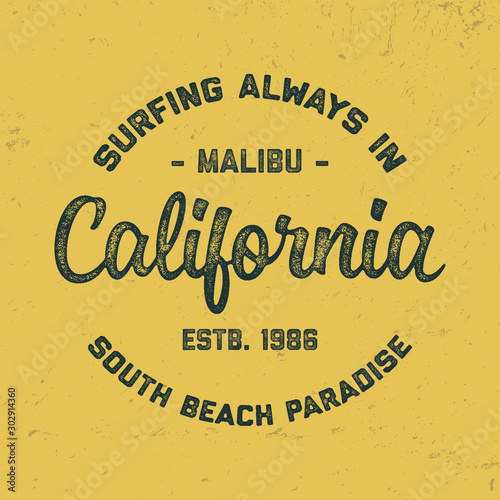 Surfing Theme. Vintage Textured Design for T Shirt. Print, Logo, Poster. Vector Illustration.