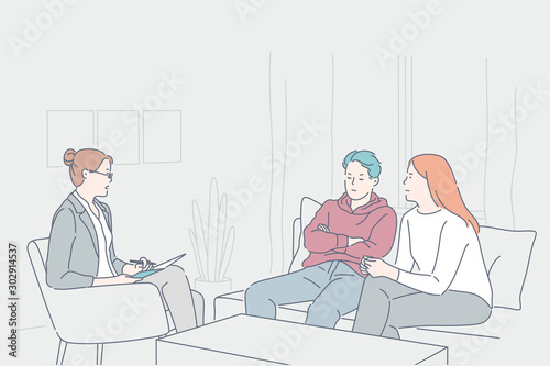 Psychology, family quarrel, depression concept. Young family man, woman, husband, wife had quarrel at reception of psychologist. Troubled mother brought teen son session with psychoanalyst Flat vector