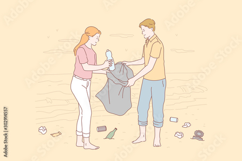 Volunteer, eco, environment, pollution concept. Young happy people man, woman clean the coastal area of debris. Enterprising boy, girl students are responsible for the environment. Flat simple vector.