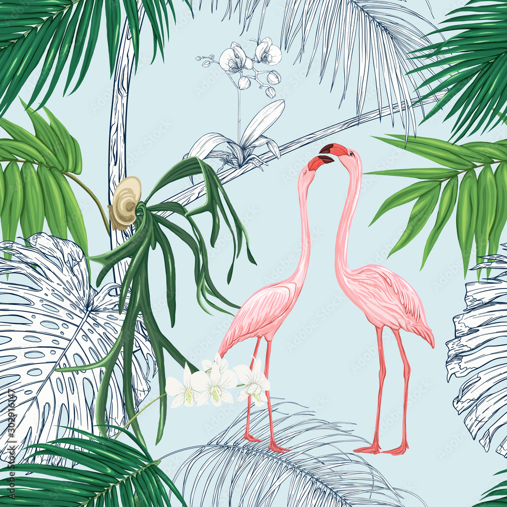 Fototapeta premium Seamless pattern, background. with tropical plants and flowers with white orchid and tropical birds on sky blue background.. Colored and outline design. Vector illustration..