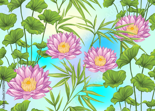 Seamless pattern, background with tropical plants, flowers. Colored vector illustration. In light ultra violet pastel colors on mesh pink, blue background