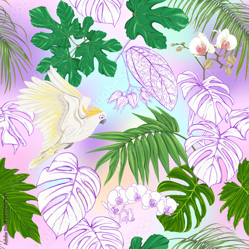 Seamless pattern, background. with tropical plants and flowers with white orchid and tropical birds In light ultra violet pastel mesh background. Colored and outline design. Vector illustration..