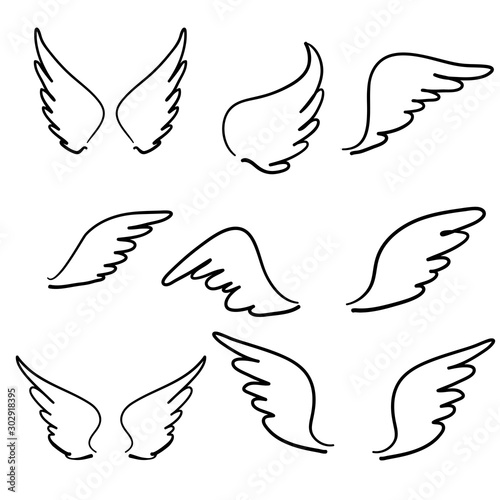 Fototapeta doodle ręcznie rysowane szkic skrzydła anioła. Skrzydło z piór anioła, sylwetka tatuaż ptak. Liniowy latać skrzydlate anioły, latające niebo kreskówka wektor ikony