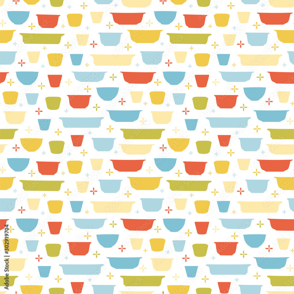 Retro geometric kitchen utensil pattern. Seamless vector background.  Colorful vintage kitchen bowl on white backgroud. For fabric, wallpaper,  packaging, Decorative print. Vintage kitchen background. Stock Vector |  Adobe Stock