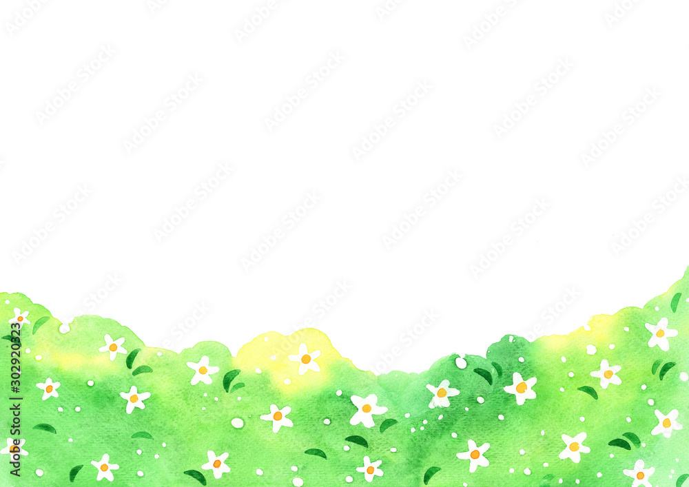 White flowers on green meadow watercolor hand painting border for decoration on spring season or wedding events.