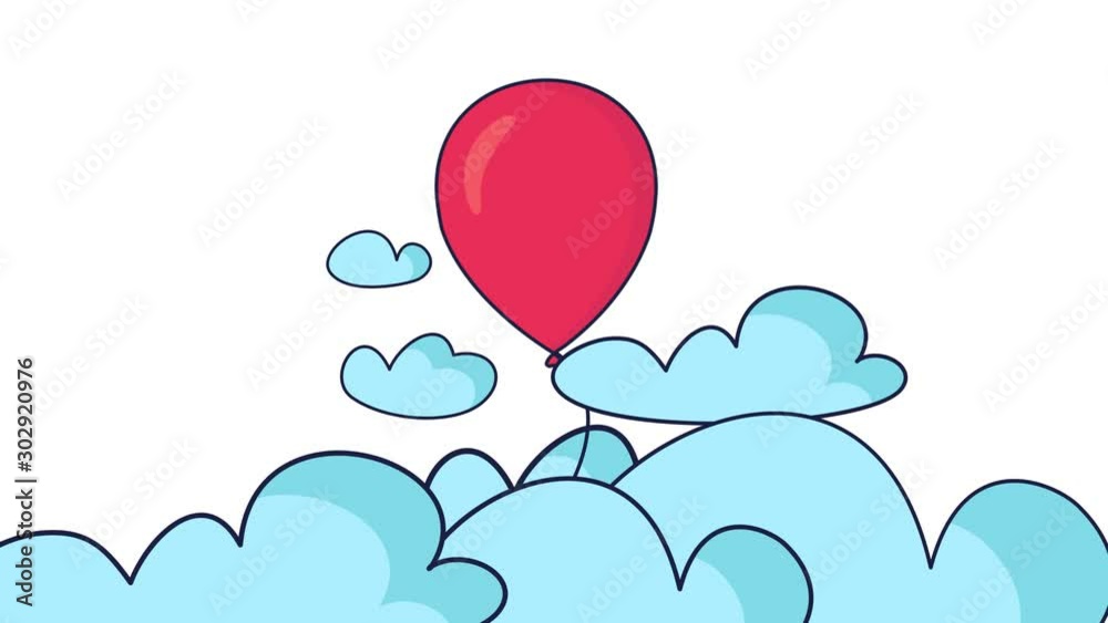 Red helium air balloon floating in the sky in the clouds. Seamless loop cartoon animation. Party and celebration motion graphics. Freedom concept. Red helium air balloon floating in the sky in the clouds. Seamless loop cartoon animation. Party and celebration motion graphics. Freedom concept.