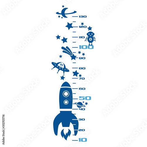 Kids height ruler with aliens and a rocket for wall decals, wall stickers - Vector