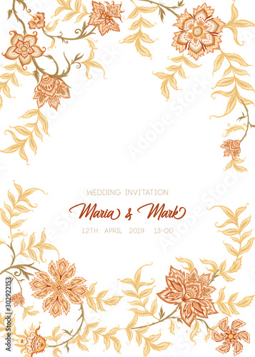 Ethnic pattern in kalamkari style, fantasy floral pattern. Colored vector illustration. Good for the wedding invitation, greating card,