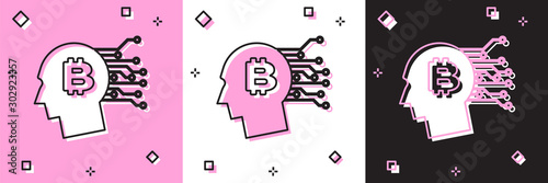 Set Bitcoin think icon isolated on pink and white, black background. Cryptocurrency head. Blockchain technology, bitcoin, digital money market, cryptocoin wallet. Vector Illustration