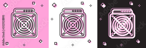Set ASIC Miner icon isolated on pink and white, black background. Cryptocurrency mining equipment and hardware. Application specific integrated circuit. Vector Illustration