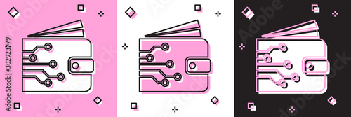 Set Cryptocurrency wallet icon isolated on pink and white, black background. Wallet and bitcoin sign. Mining concept. Money, payment, cash, pay icon. Vector Illustration