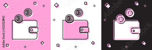 Set Cryptocurrency wallet icon isolated on pink and white, black background. Wallet and bitcoin sign. Mining concept. Money, payment, cash, pay icon. Vector Illustration