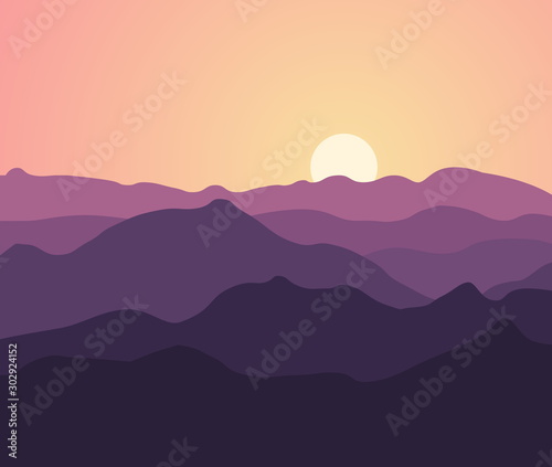 Sunset in the mountains - Purple mountains - illustration