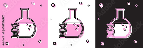 Set DNA research, search icon isolated on pink and white, black background. Genetic engineering, genetics testing, cloning, paternity testing. Vector Illustration