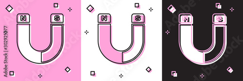 Set Magnet icon isolated on pink and white, black background. Horseshoe magnet, magnetism, magnetize, attraction sign. Vector Illustration