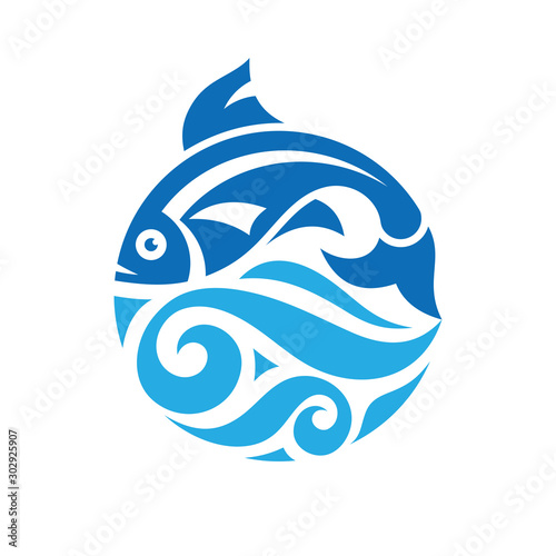 Fish and sea waves in circle shape - concept logo vector illustration. Salmon fish blue icon emblem. Creative graphic sign. 