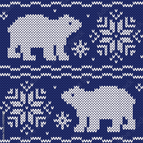 Polar bears jacquard seamless pattern. Winter knitted style. 