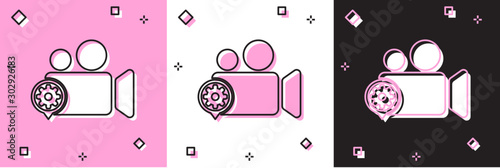 Set Movie or Video camera and gear icon isolated on pink and white, black background. Adjusting app, service concept, setting options, maintenance, repair, fixing. Vector Illustration