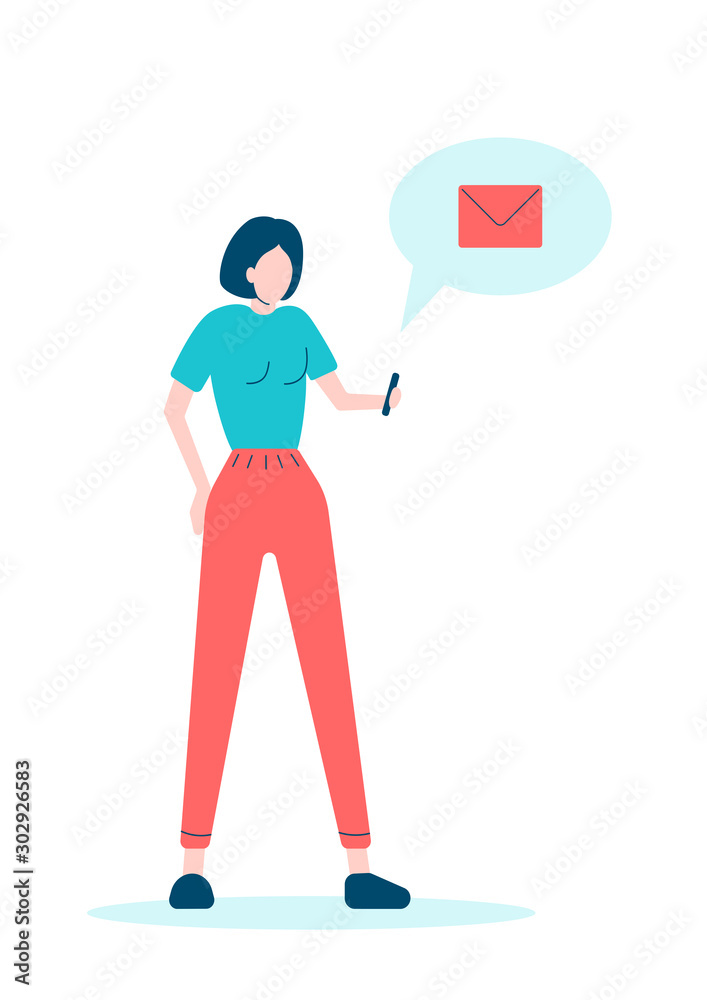 Young woman holding a smartphone and reading an e-mail, isolated on white vector flat style illustration