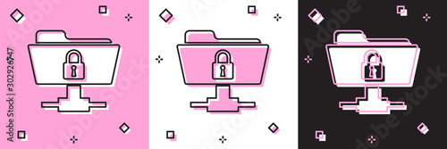 Set FTP folder and lock icon isolated on pink and white, black background. Concept of software update, ftp transfer protocol. Security, safety, protection concept. Vector Illustration
