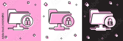 Set FTP folder and lock icon isolated on pink and white, black background. Concept of software update, ftp transfer protocol. Security, safety, protection concept. Vector Illustration