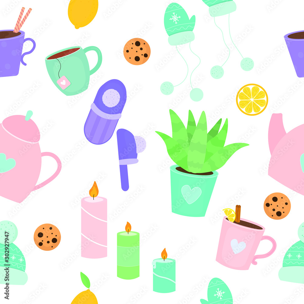 Vector graphics. Adorable, sweet pattern with cute scandinavian lifestyle, cozy objects for home and winter holidays celebration. Light background. Flat cartoon illustration. Vector graphics. Adorable, sweet pattern with cute scandinavian lifestyle, cozy objects for home and winter holidays celebration. Light background. Flat cartoon illustration.