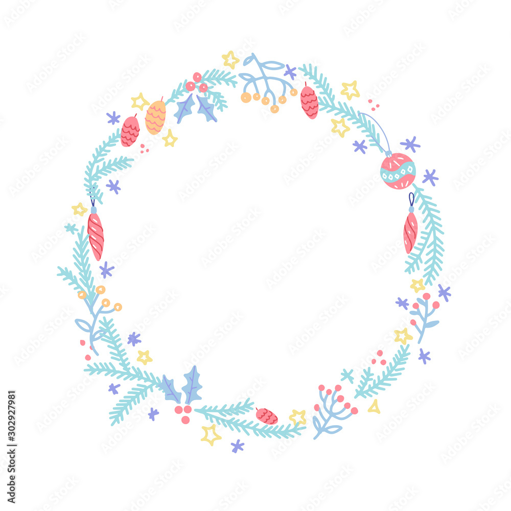 Merry Christmas Wreath. Xmas background with round frame with holiday elements in color. Element for the design of postcards, posters, invitations. Vector hand drawn illustration.