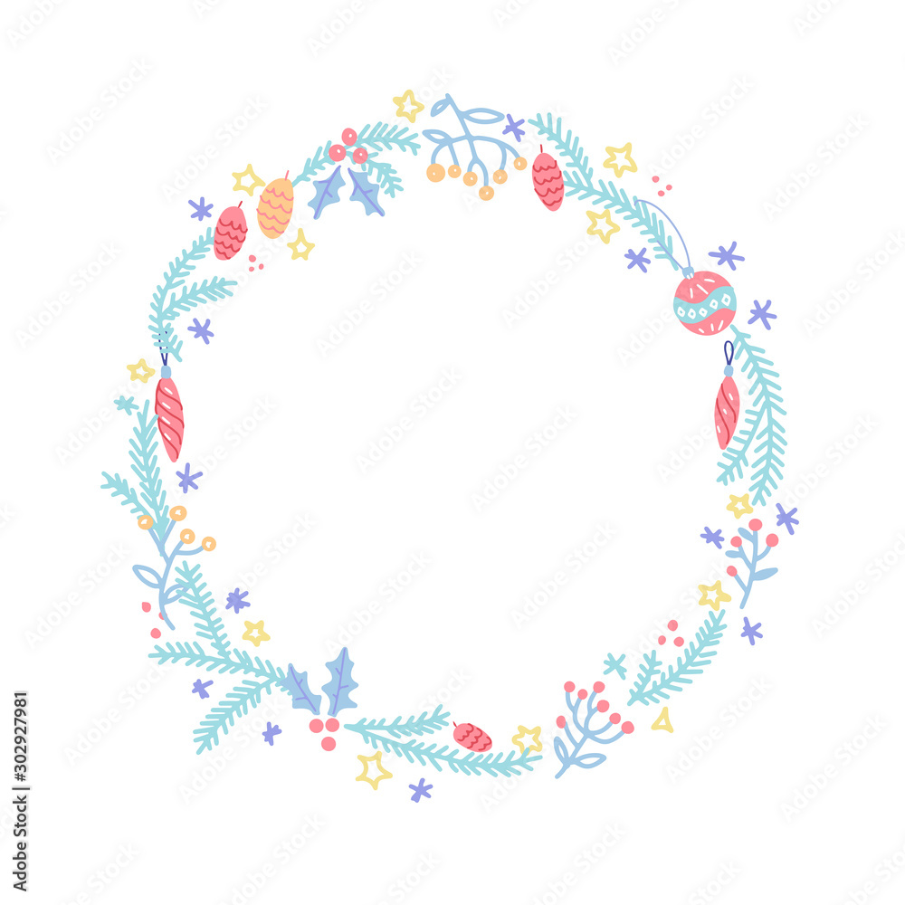 Merry Christmas Wreath. Xmas background with round frame with holiday elements in color. Element for the design of postcards, posters, invitations. Vector hand drawn illustration. Merry Christmas Wreath. Xmas background with round frame with holiday elements in color. Element for the design of postcards, posters, invitations. Vector hand drawn illustration.