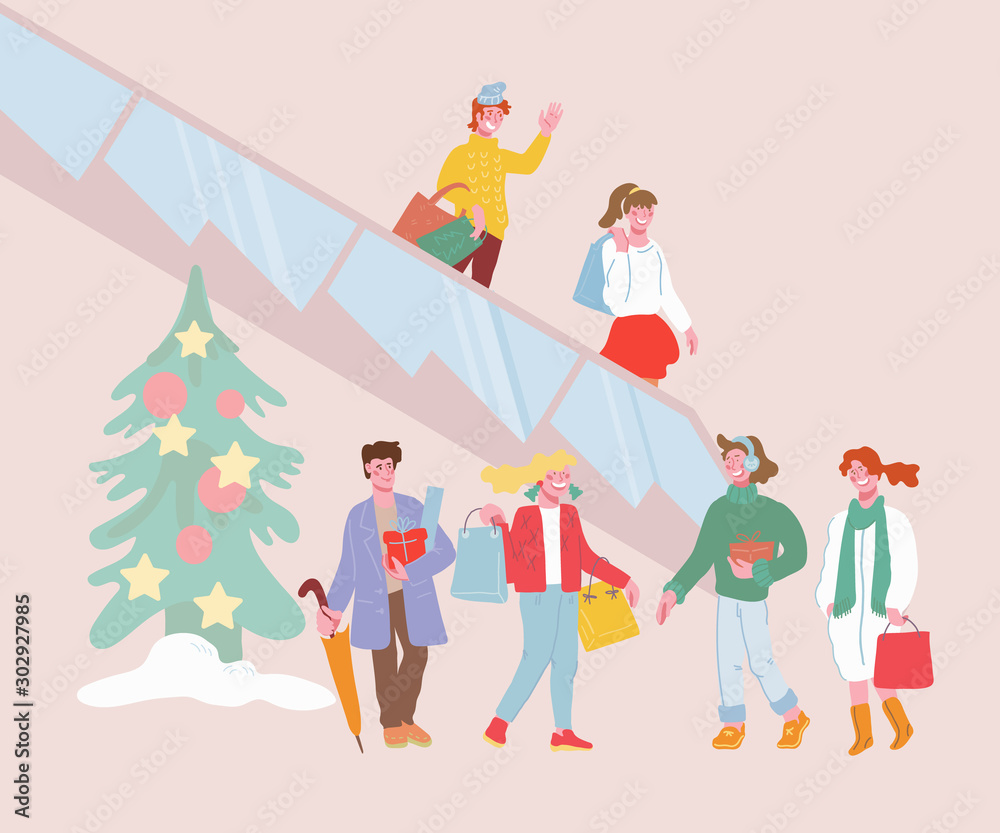 People, men and women in Shopping Mall preparing for Xmas and New Year Holidays and holding bags and boxes with presents. Christmas shopping and holiday celebrations spirit. Flat vector illustration. People, men and women in Shopping Mall preparing for Xmas and New Year Holidays and holding bags and boxes with presents. Christmas shopping and holiday celebrations spirit. Flat vector illustration.