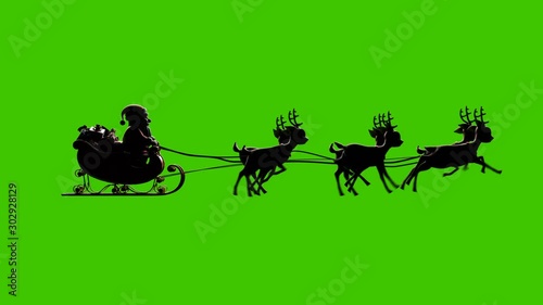 Santa Claus on a Reindeer Sleigh Flying on a Green Background, Two Beautiful 3d Animations, Second with Contour Light for the Night Flight. Seamless Looping, 4k