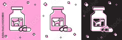 Set Dog medicine bottle and pills icon isolated on pink and white, black background. Container with pills. Prescription medicine for animal. Vector Illustration