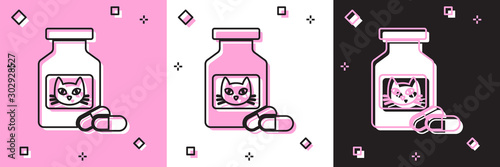 Set Cat medicine bottle and pills icon isolated on pink and white, black background. Container with pills. Prescription medicine for animal. Vector Illustration