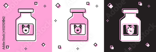 Set Dog medicine bottle icon isolated on pink and white, black background. Container with pills. Prescription medicine for animal. Vector Illustration