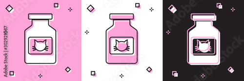 Set Cat medicine bottle icon isolated on pink and white, black background. Container with pills. Prescription medicine for animal. Vector Illustration